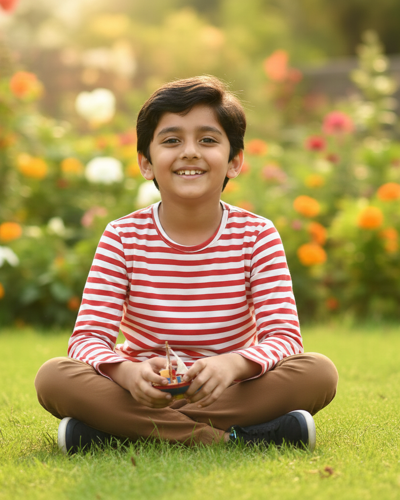 Child sitting on grass in a garden with colorful flowers