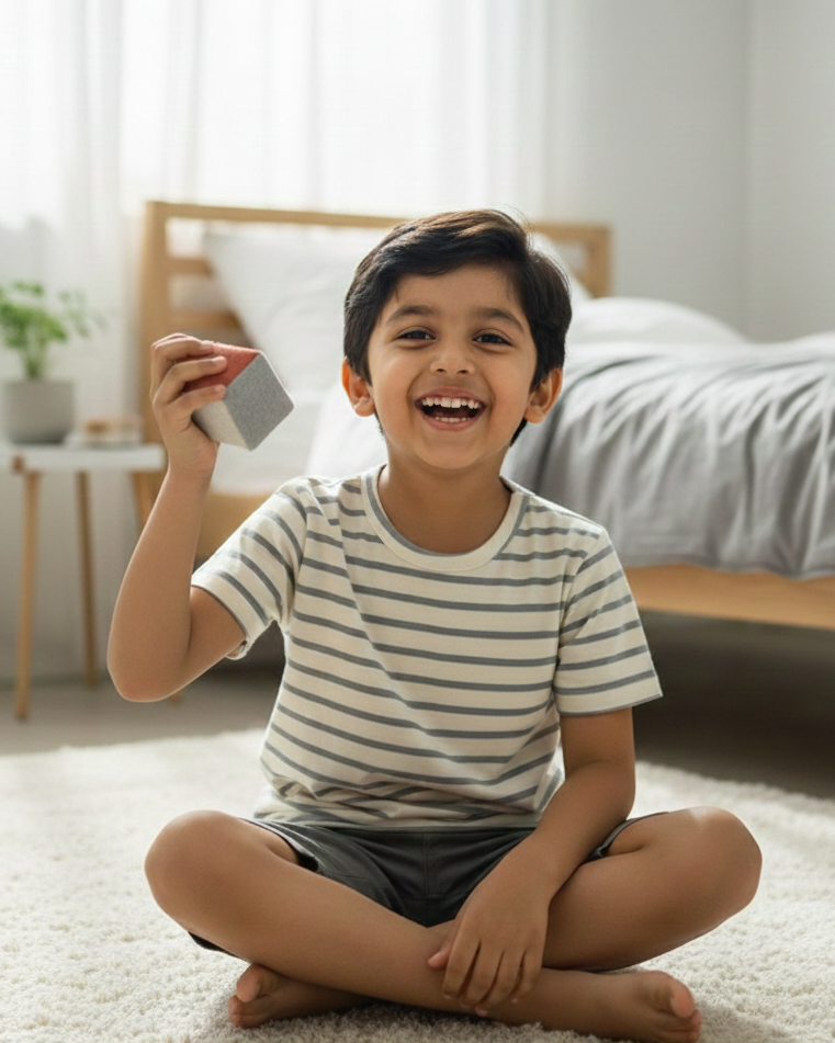 Child sitting on the floor in a bedroom holding a toy