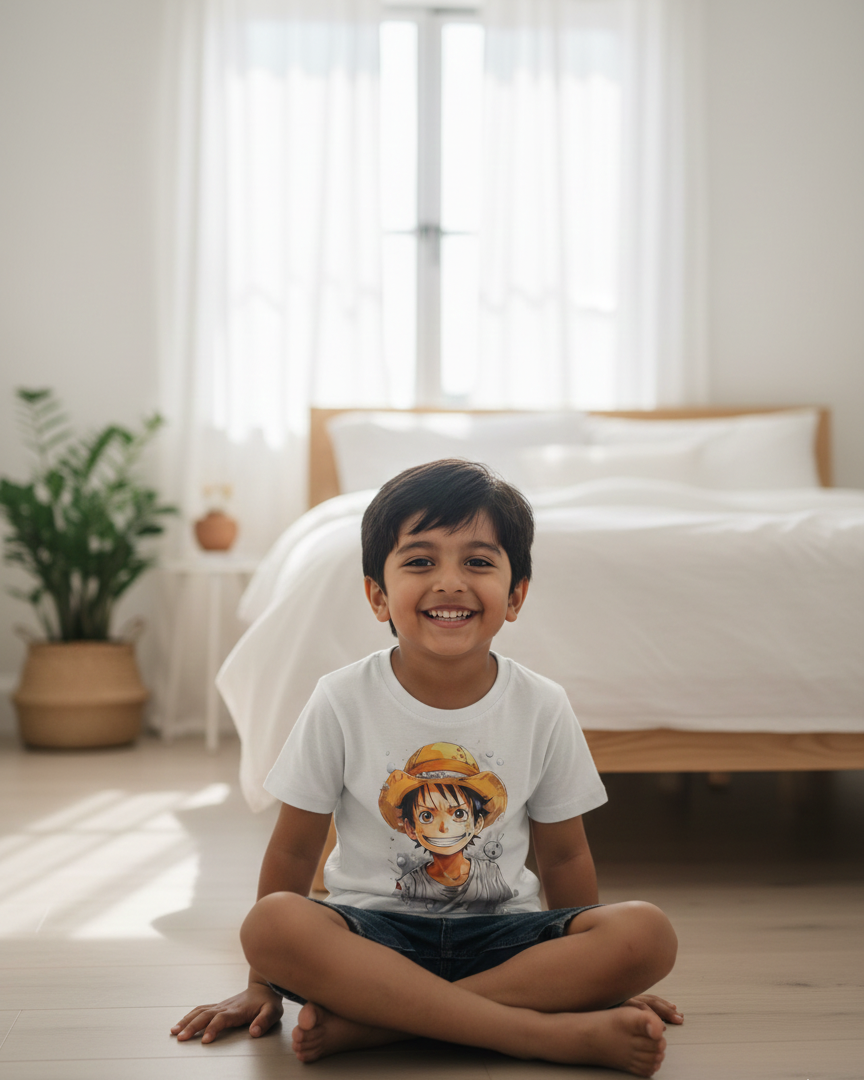 Child sitting on the floor wearing a white t-shirt with a graphic design, in a bright room with a bed and plants.