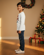 Child standing in a room with a Christmas tree and presents