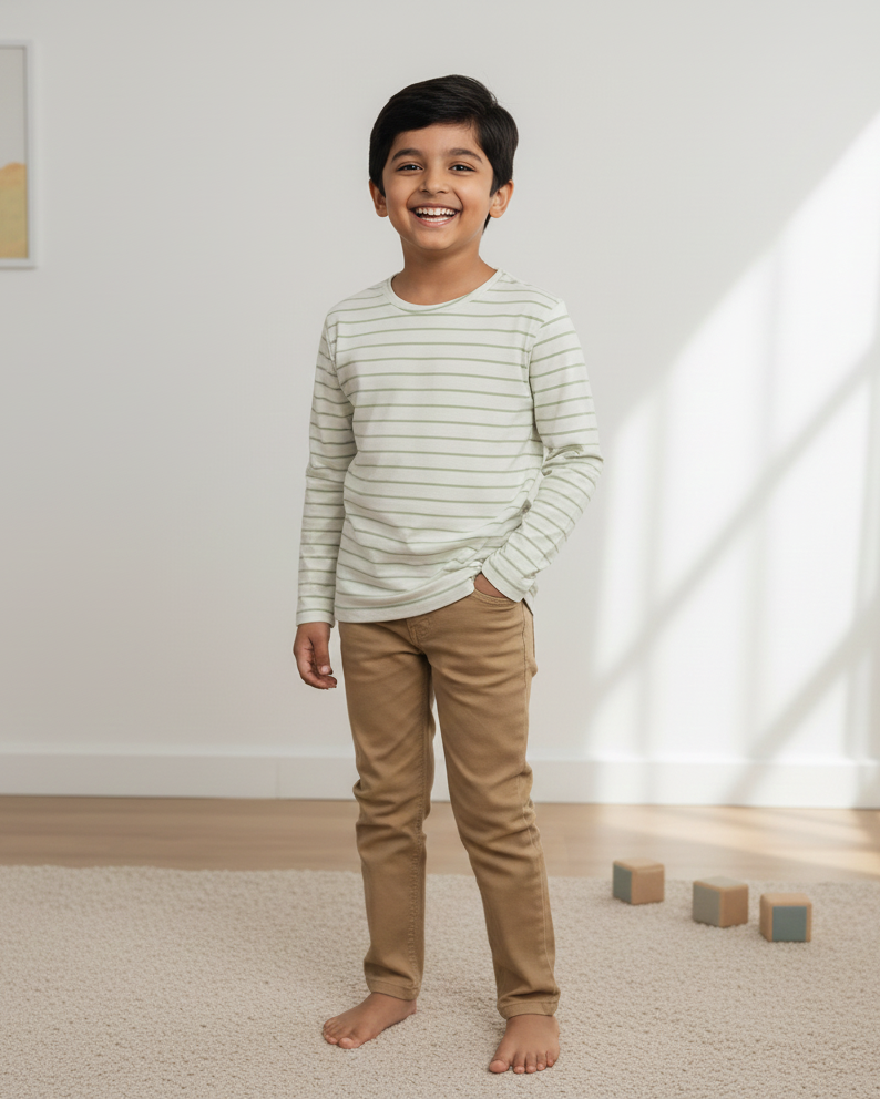 Child standing in a room with light-colored walls and wooden floor.