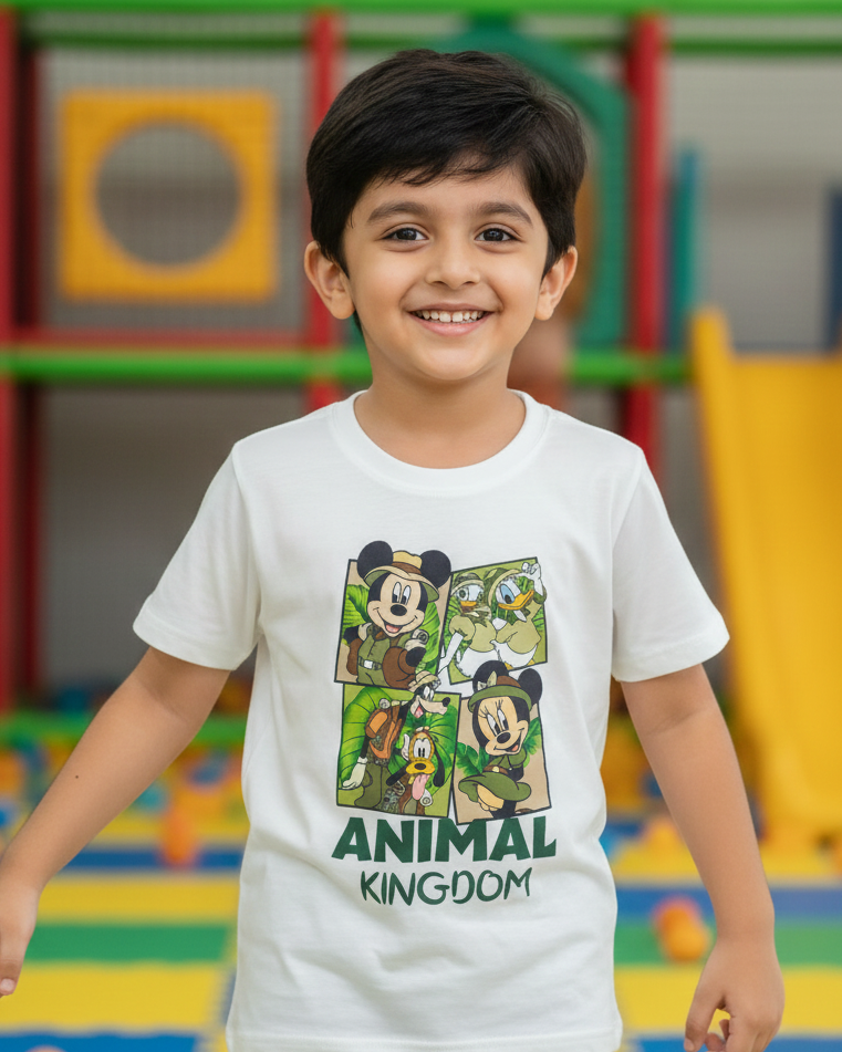 Child wearing a 'Animal Kingdom' t-shirt with cartoon characters in an outdoor playground setting