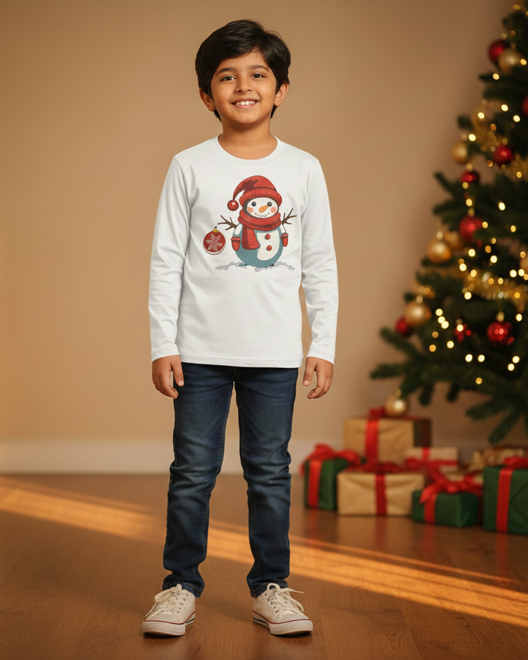 Child wearing a Christmas-themed shirt in front of a decorated tree with presents.
