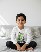 Child wearing a 'Disney Animal Kingdom' shirt in a minimalist bedroom background.