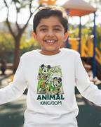 Child wearing a 'Disney Animal Kingdom' shirt in a playground. 