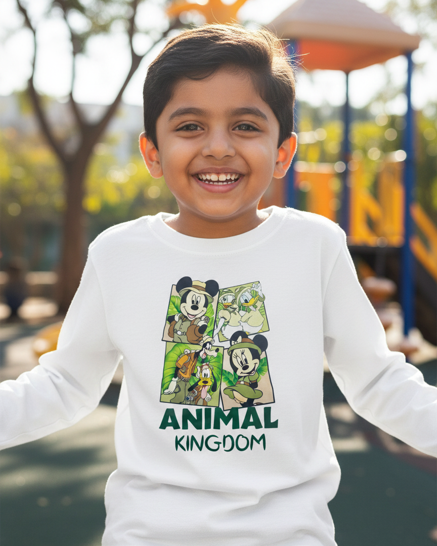Child wearing a 'Disney Animal Kingdom' shirt in a playground. 