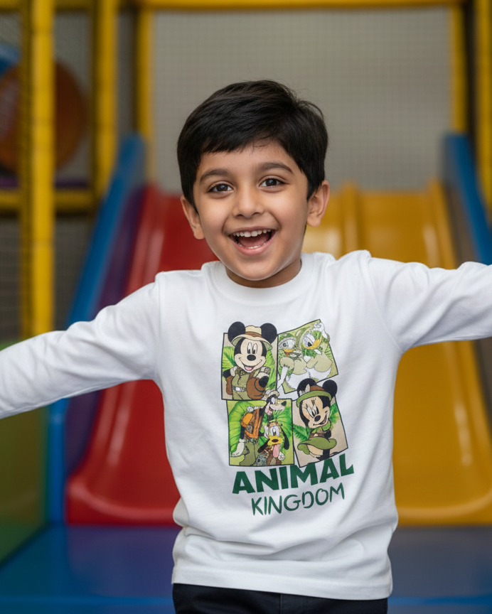 Child wearing a 'Disney Animal Kingdom' shirt in an indoor playground.