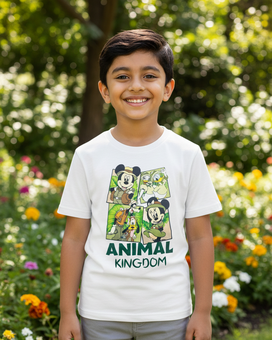 Child wearing a 'Disney Animal Kingdom' t-shirt in a garden setting