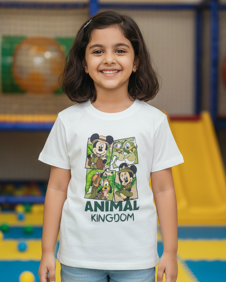 Child wearing a 'Disney Animal Kingdom' t-shirt in an indoor playground.
