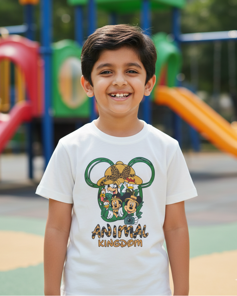 Child wearing a 'Disney Animal Kingdom' t-shirt in front of playground equipment