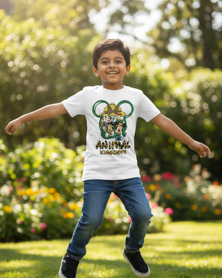 Child wearing a 'Disney Animal Kingdom' t-shirt jumping in a garden.
