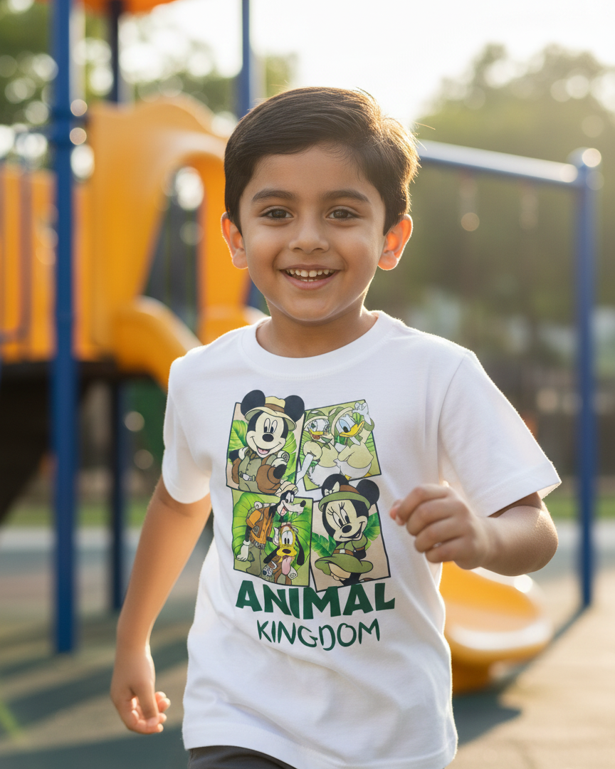 Child wearing a 'Disney Animal Kingdom' t-shirt on a playground