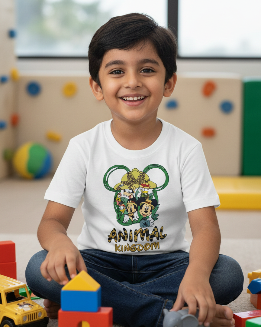 Child wearing a 'Disney Animal Kingdom' t-shirt sitting on the floor with toys.