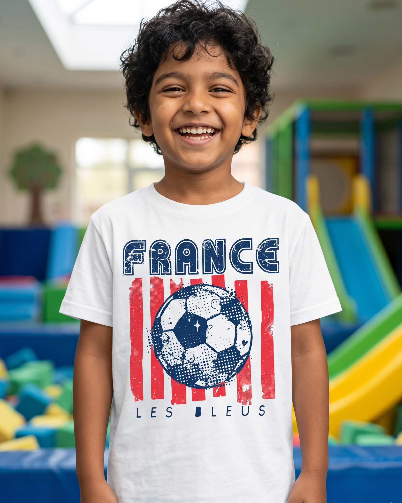 Child wearing a 'France Les Bleus' t-shirt with a soccer ball design in an indoor playground.