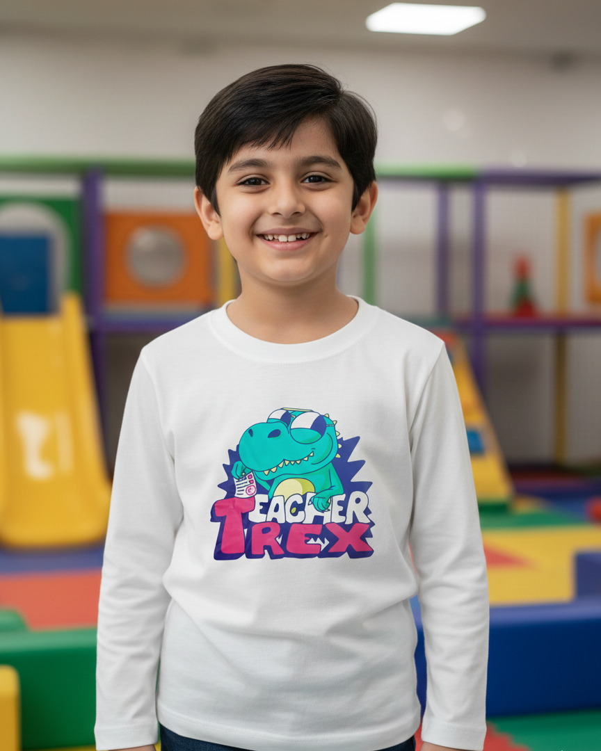 Child wearing a 'Teacher T-Rex' shirt in an indoor playground setting.