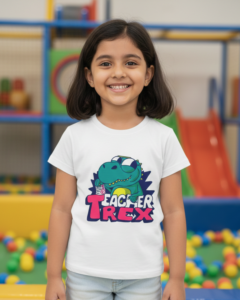 Child wearing a 'Teacher T-Rex' shirt in an indoor playground setting