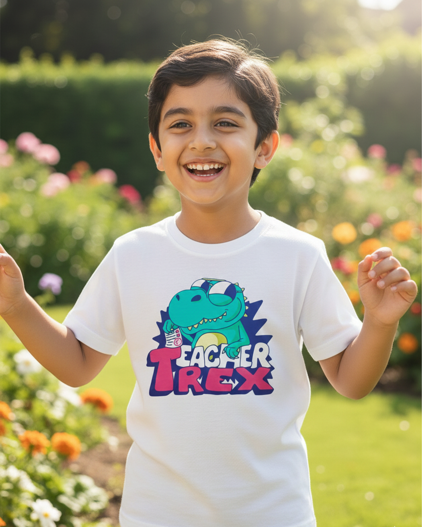 Child wearing a 'Teacher T-Rex' t-shirt in a garden setting