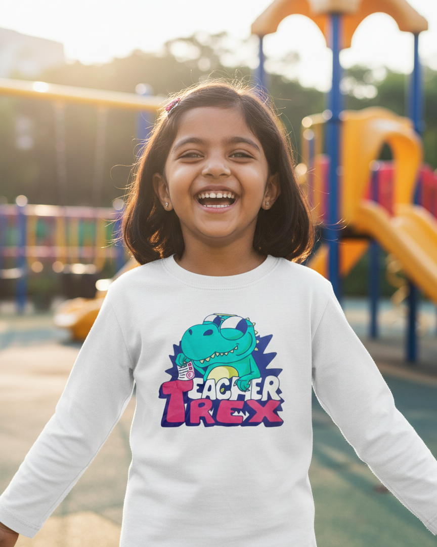 Child wearing a 'Teacher T Rex' shirt at a playground