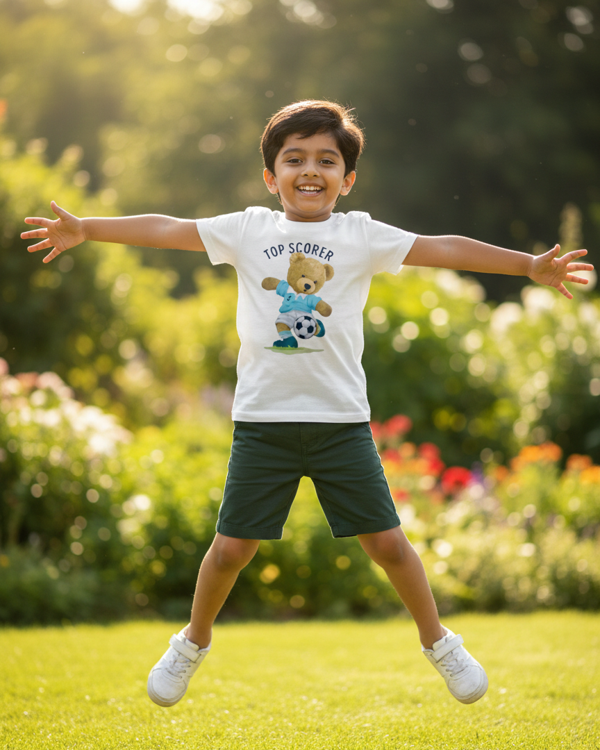 Child wearing a 'Top Scorer' t-shirt with a teddy bear and soccer ball design, jumping in a garden.
