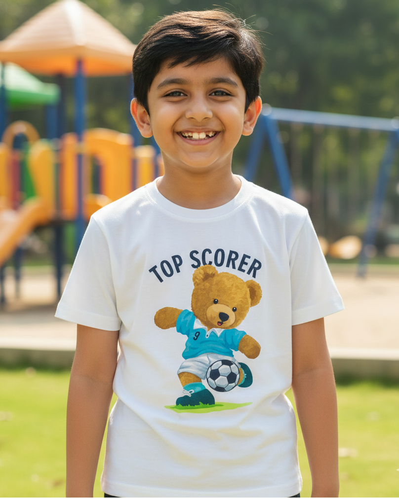 Child wearing a 'Top Scorer' t-shirt with a teddy bear graphic at a playground.