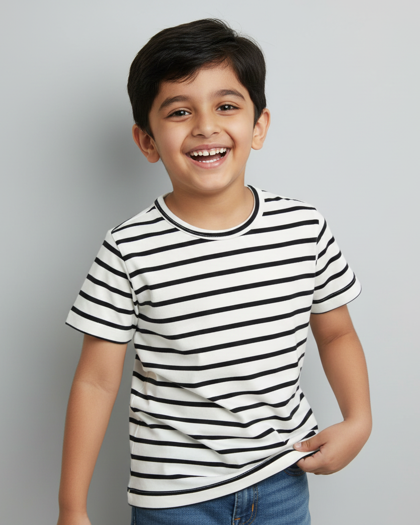 Child wearing a black and white striped shirt against a gray background