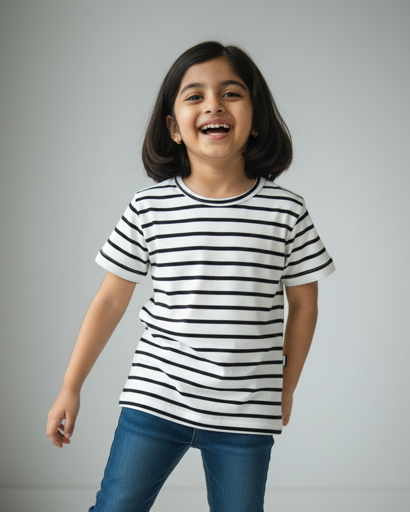 Child wearing a black and white striped shirt on a gray background