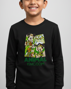 Child wearing a black long-sleeve shirt with 'Animal Kingdom' graphic design on a gray background
