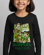 Child wearing a black long-sleeve shirt with Disney-themed graphics and 'Animal Kingdom' text on a gray background