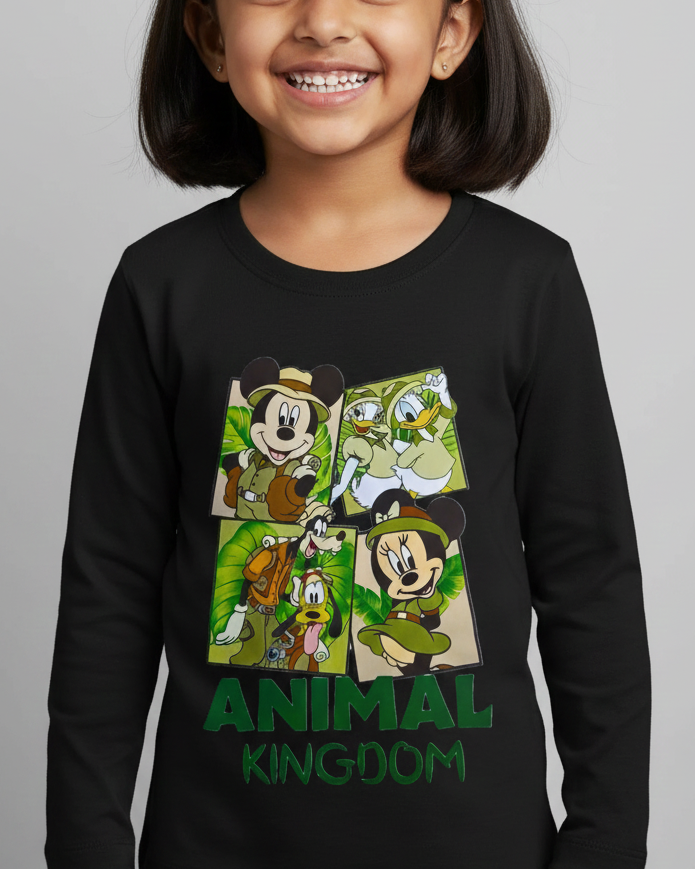 Child wearing a black long-sleeve shirt with Disney-themed graphics and 'Animal Kingdom' text on a gray background