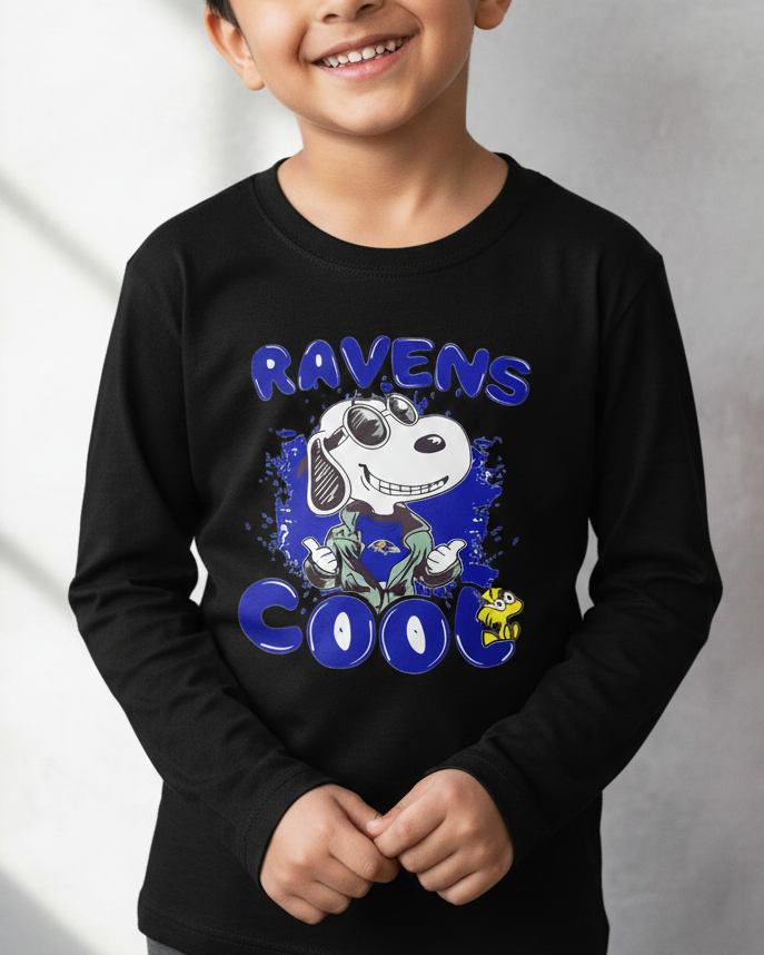 Child wearing a black long-sleeve shirt with Snoopy and text on a gray background