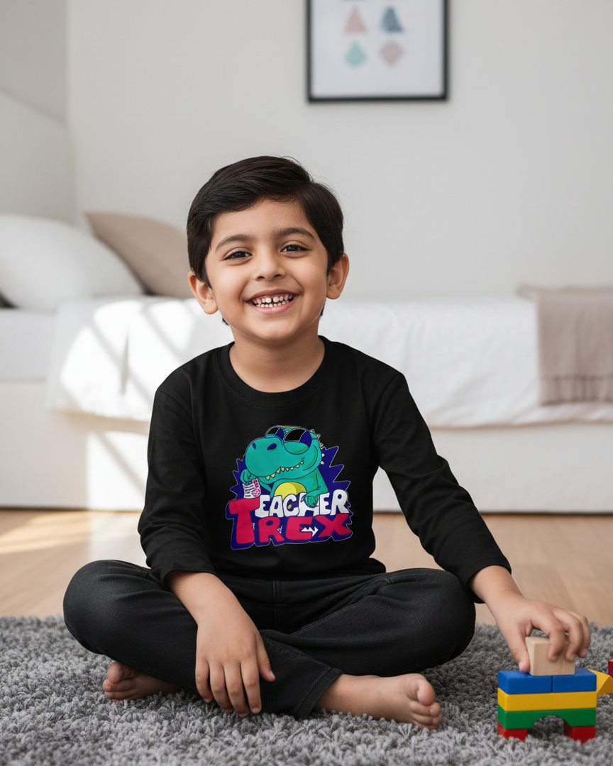 Child wearing a black long-sleeve shirt with a colorful dinosaur design, sitting on a carpeted floor.