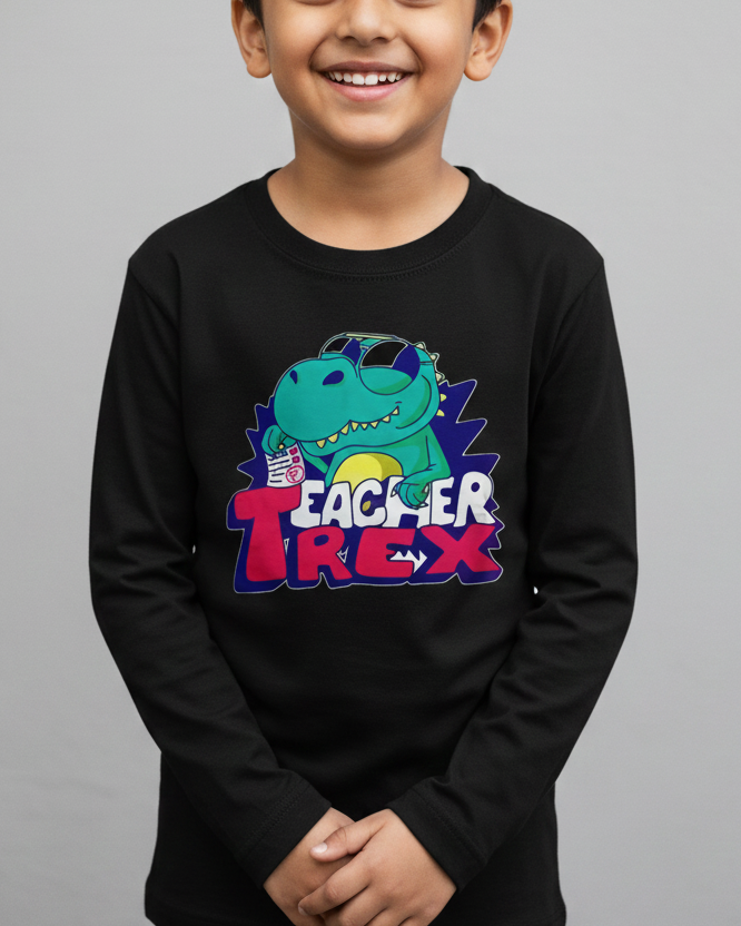 Child wearing a black long-sleeve shirt with a colorful dinosaur graphic and text on a gray background