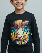 Child wearing a black long-sleeve shirt with a colorful graphic design on a gray background.