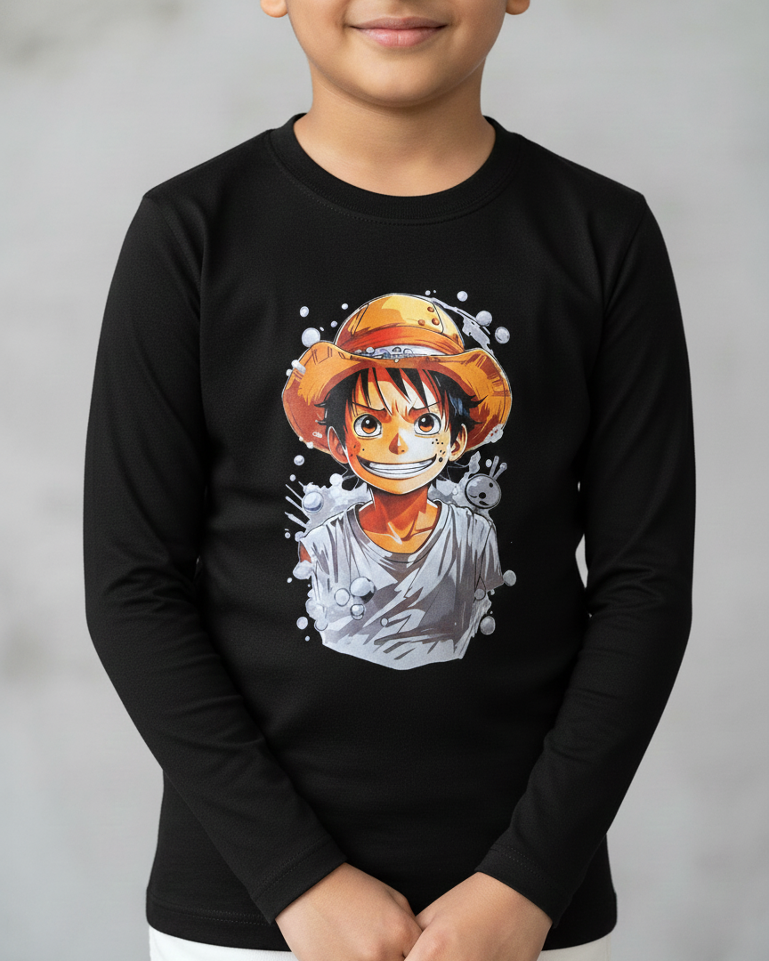 Child wearing a black long-sleeve shirt with a colorful graphic design on a gray background