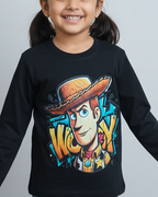 Child wearing a black long-sleeve shirt with a colorful graphic of Woody from Toy Story on a gray background