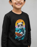 Child wearing a black long-sleeve shirt with a colorful panda graphic on a gray background