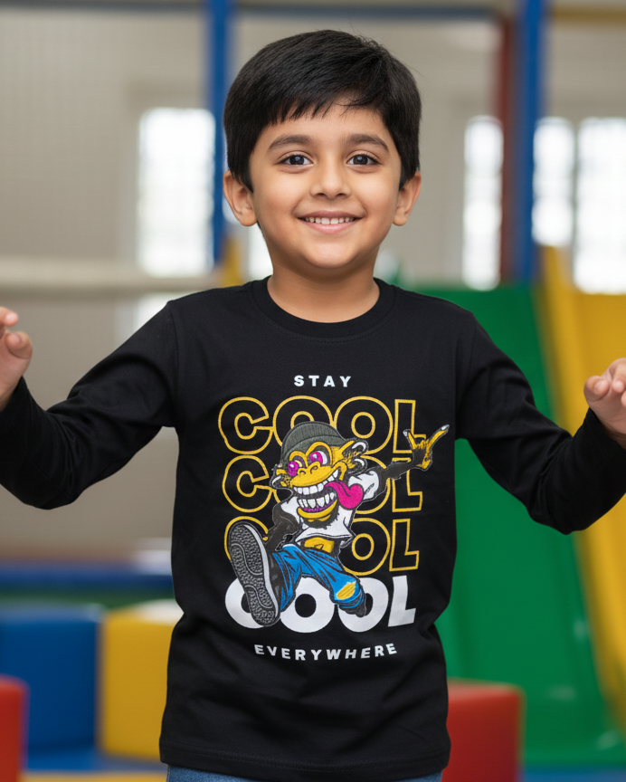 Child wearing a black long-sleeve shirt with a graphic design in a colorful indoor playground.