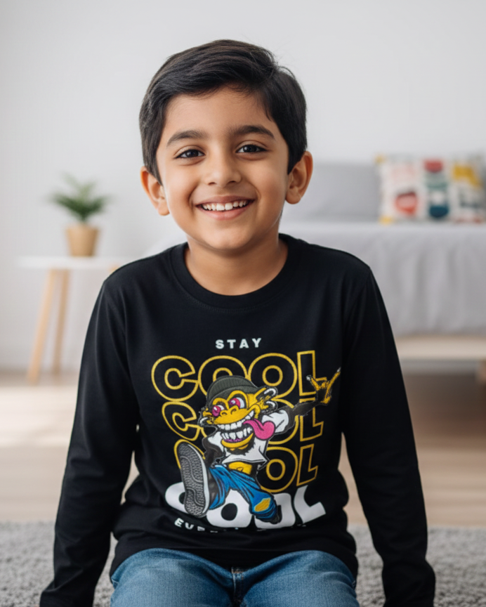 Child wearing a black long-sleeve shirt with a graphic design in a room.