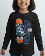 Child wearing a black long-sleeve shirt with a graphic design on a plain background