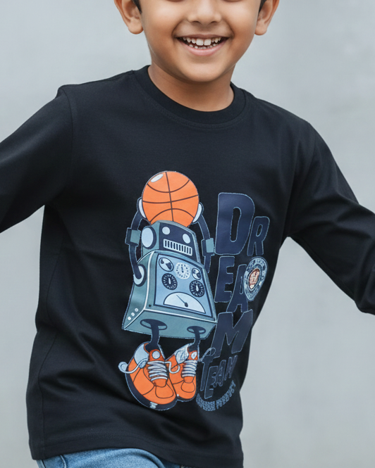 Child wearing a black long-sleeve shirt with a robot and basketball design on a gray background