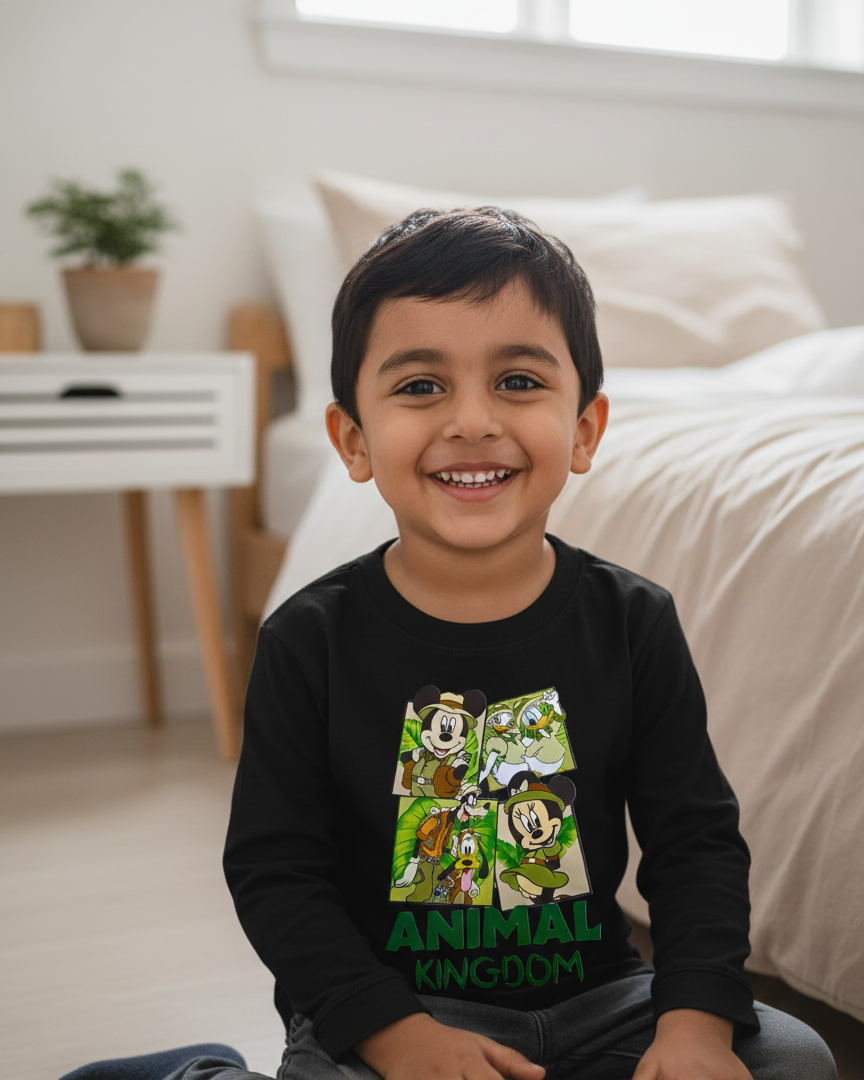 Child wearing a black long-sleeve shirt with cartoon characters and text, sitting on a bed in a bright room.