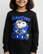 Child wearing a black sweatshirt with 'RAVENS COOL' text and graphics on a white background