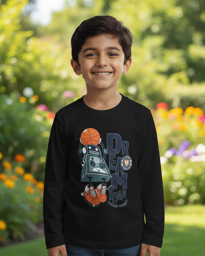 Child wearing a black sweatshirt with a basketball design in a garden setting