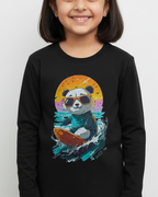 Child wearing a black sweatshirt with a panda design on a white background