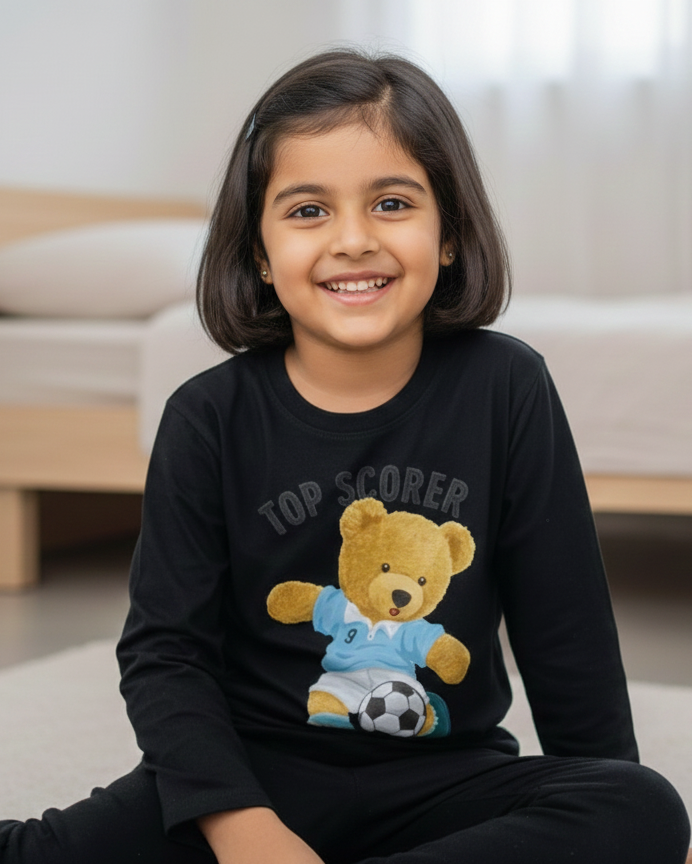 Child wearing a black sweatshirt with a teddy bear graphic sitting on the floor.