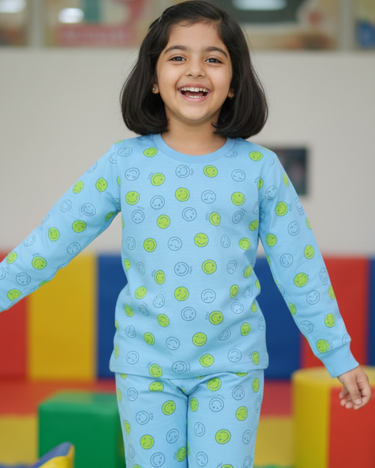 Child wearing a blue outfit with green patterns in an indoor play area.