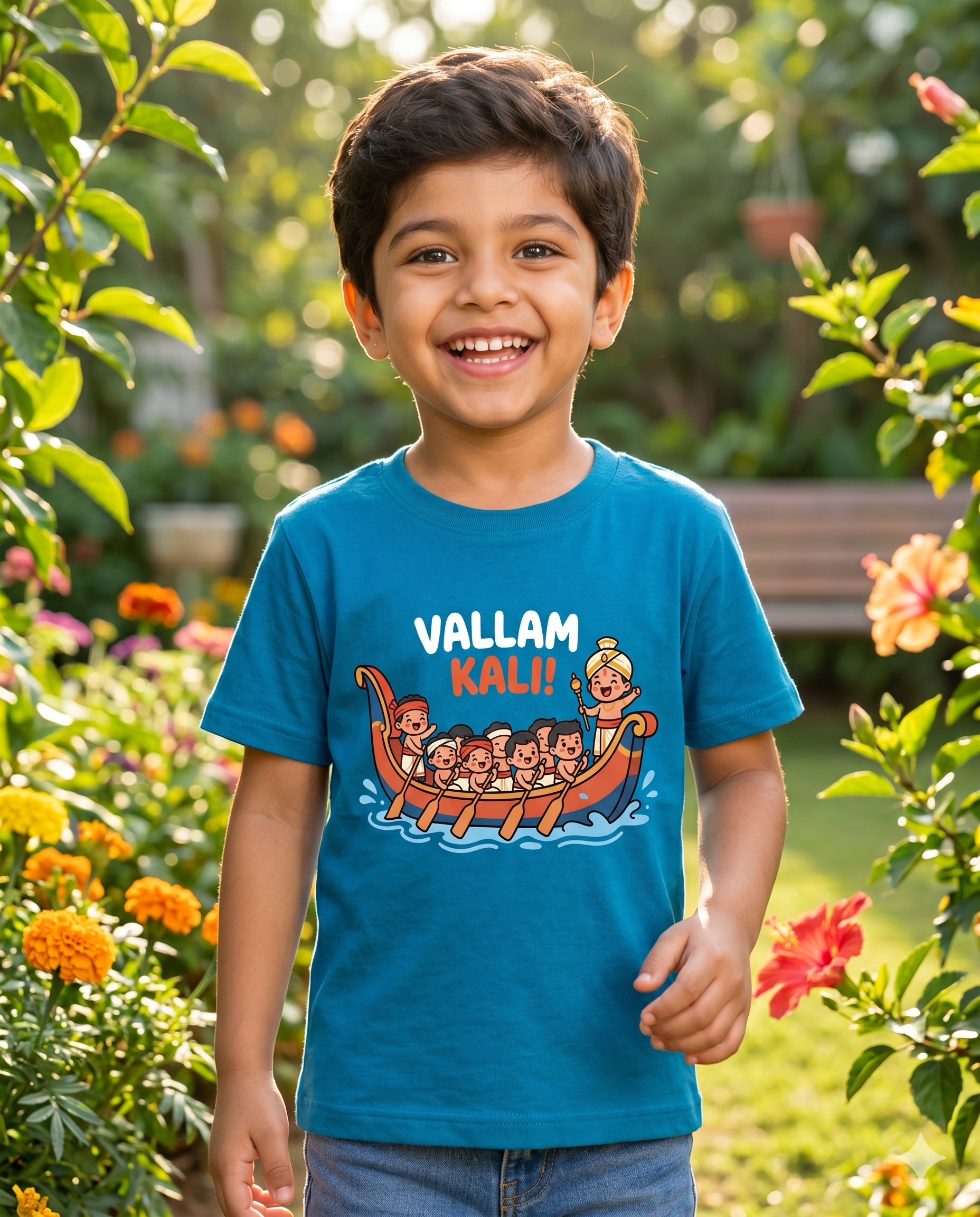 Child wearing a blue t-shirt with 'Vallam Kali!' design in a garden setting