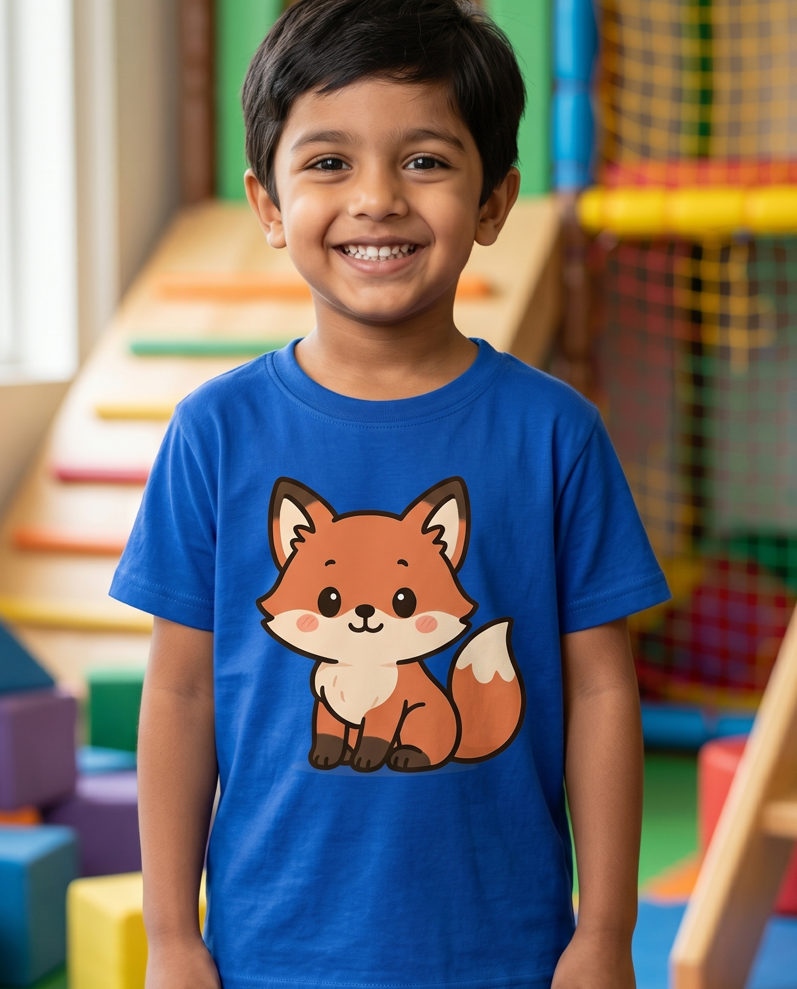 Child wearing a blue t-shirt with a fox design in a colorful playroom..