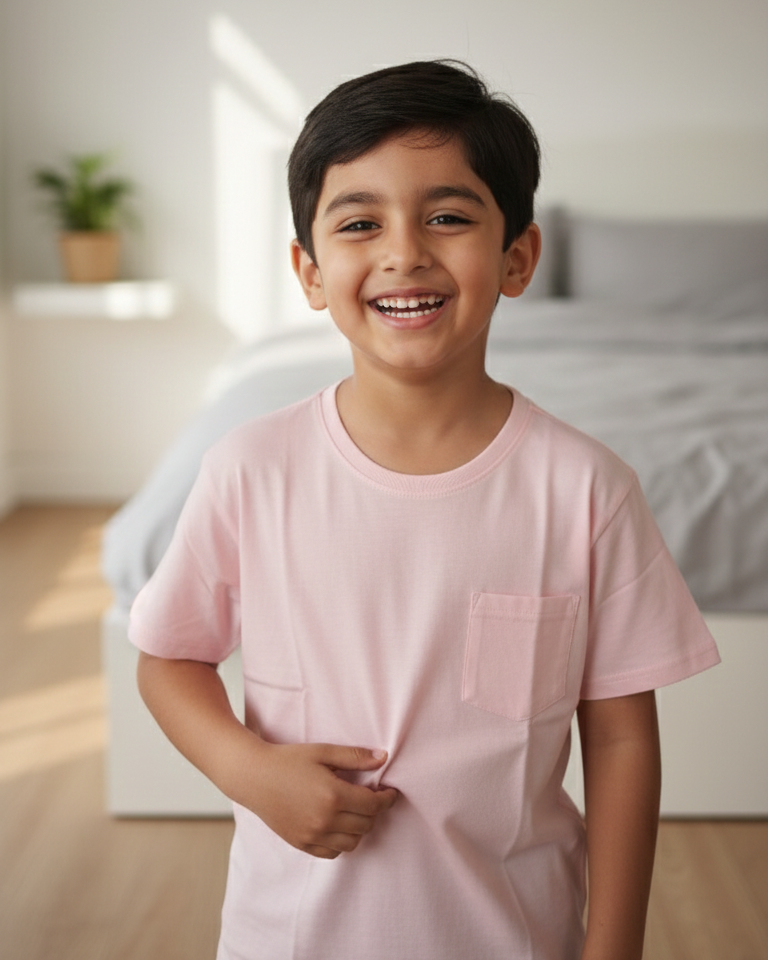 Child wearing a pink shirt in a room with a bed and plant