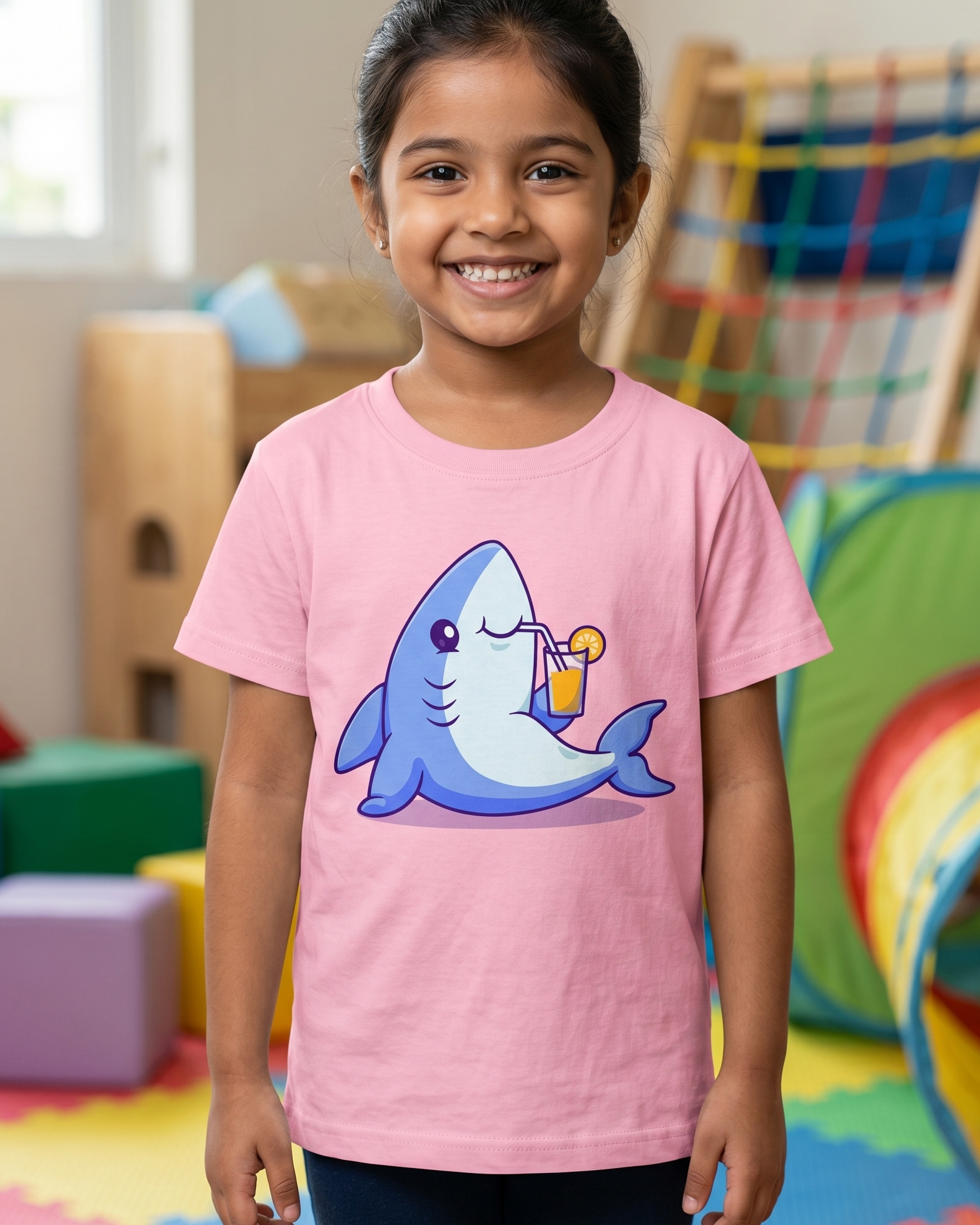 Child wearing a pink t-shirt with a cartoon shark design in a colorful room..